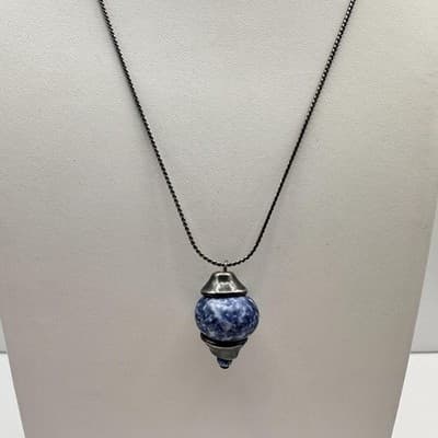 Vintage 90s Blue Sodalite Natural Stone Pendant Necklace Silver Tone Jewelry - Thumbnail 2