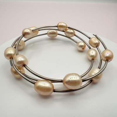 Vintage 90s Multi Strand Pearl Coil Wrap Bracelet Silver Tone Women's Jewelry - Thumbnail 3