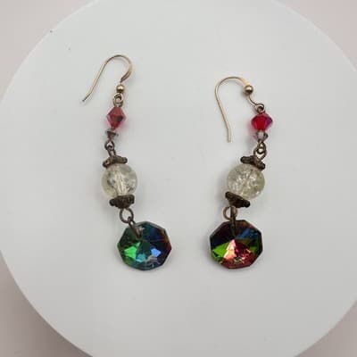 Vintage 80s Crystal AB Aurora Borealis Gold Tone Dangle Drop Earrings Jewelry - Thumbnail 2