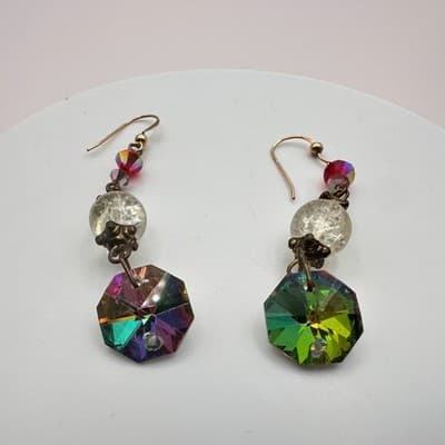 Vintage 80s Crystal AB Aurora Borealis Gold Tone Dangle Drop Earrings Jewelry - Thumbnail 6