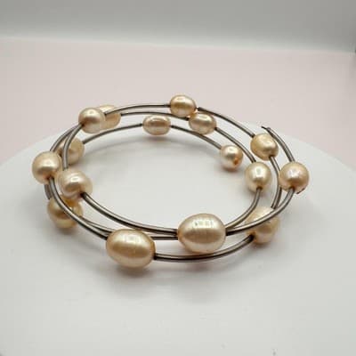 Vintage 90s Multi Strand Pearl Coil Wrap Bracelet Silver Tone Women's Jewelry - Thumbnail 2