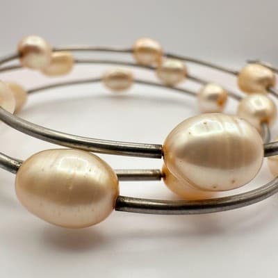 Vintage 90s Multi Strand Pearl Coil Wrap Bracelet Silver Tone Women's Jewelry - Thumbnail 5