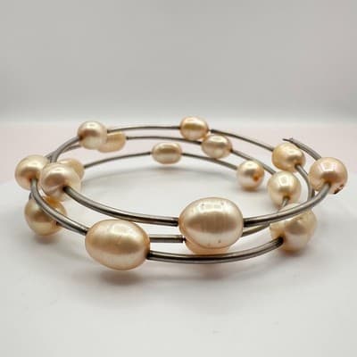 Vintage 90s Multi Strand Pearl Coil Wrap Bracelet Silver Tone Women's Jewelry - Thumbnail 6