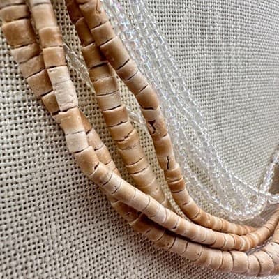 Vintage 90s Multi-Strand Necklace Tan Wooden & Clear Glass Seed Beaded Jewelry - Thumbnail 5