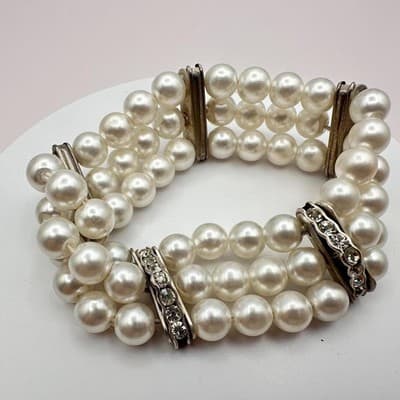 Vintage 90s Multi-Strand Faux Pearl Stretch Bracelet Rhinestone Spacers Jewelry - Thumbnail 4