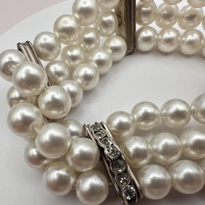 Vintage 90s Multi-Strand Faux Pearl Stretch Bracelet Rhinestone Spacers Jewelry - Thumbnail 5