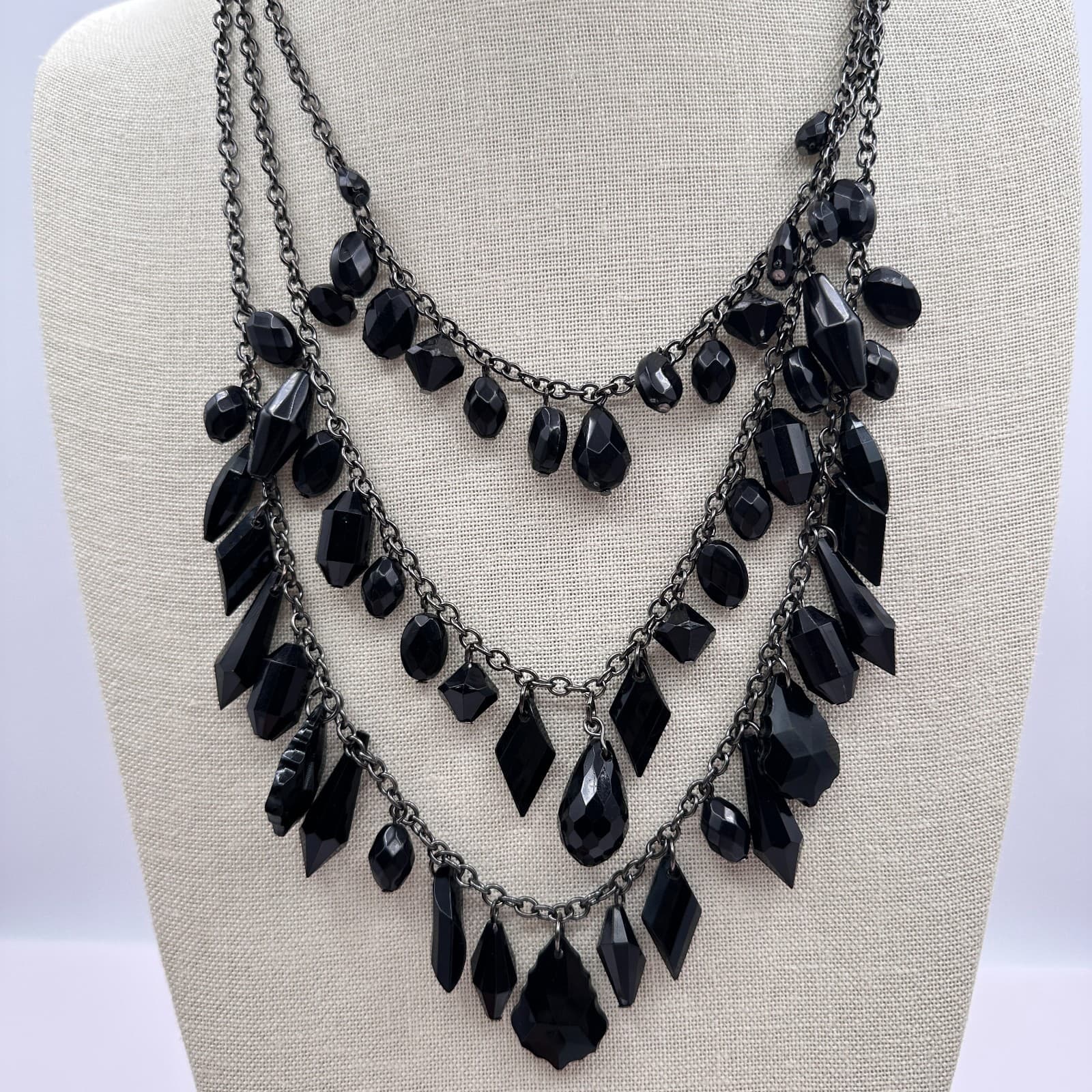 Vintage Y2K Black Multi Stand Geometric Beaded Necklace Silver Tone Boho Jewelry - Thumbnail 3