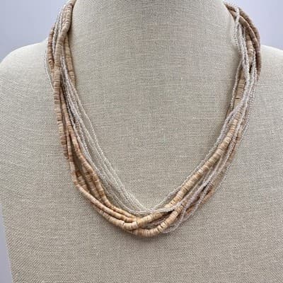 Vintage 90s Multi-Strand Necklace Tan Wooden & Clear Glass Seed Beaded Jewelry - Thumbnail 2