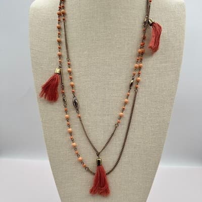 Vintage Y2K Multi Strand Necklace Peach Coral Pink Seed Beaded Tassels Jewelry - Thumbnail 2