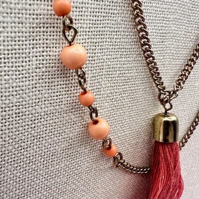 Vintage Y2K Multi Strand Necklace Peach Coral Pink Seed Beaded Tassels Jewelry - Thumbnail 6