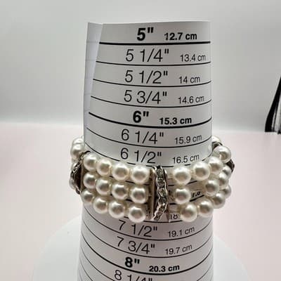 Vintage 90s Multi-Strand Faux Pearl Stretch Bracelet Rhinestone Spacers Jewelry - Thumbnail 8