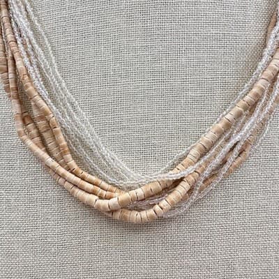 Vintage 90s Multi-Strand Necklace Tan Wooden & Clear Glass Seed Beaded Jewelry - Thumbnail 3
