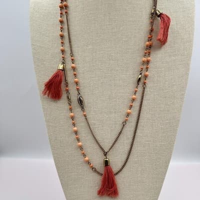 Vintage Y2K Multi Strand Necklace Peach Coral Pink Seed Beaded Tassels Jewelry - Thumbnail 9