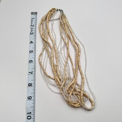 Vintage 90s Multi-Strand Necklace Tan Wooden & Clear Glass Seed Beaded Jewelry - Thumbnail 8