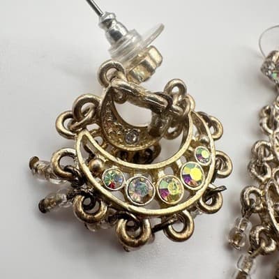 Vintage 90s Crystal Seed Beads Crescent Moon Earrings Gold Tone Jewelry - Thumbnail 3
