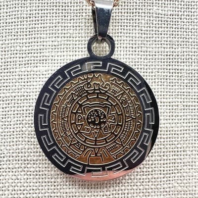 Vintage 90s Aztec Calendar Pendant Necklace Gold Tone Greek Key Border Jewelry