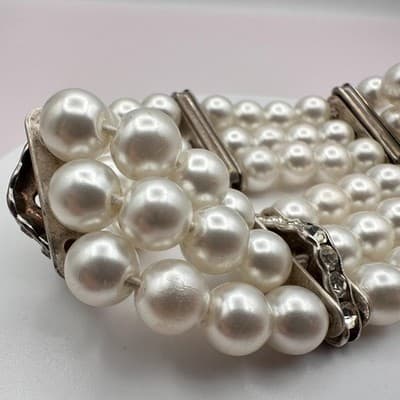 Vintage 90s Multi-Strand Faux Pearl Stretch Bracelet Rhinestone Spacers Jewelry - Thumbnail 6