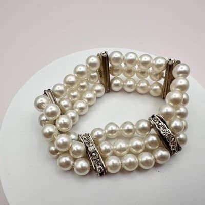 Vintage 90s Multi-Strand Faux Pearl Stretch Bracelet Rhinestone Spacers Jewelry - Thumbnail 3