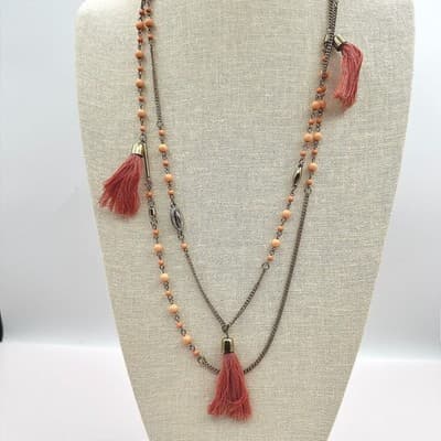 Vintage Y2K Multi Strand Necklace Peach Coral Pink Seed Beaded Tassels Jewelry
