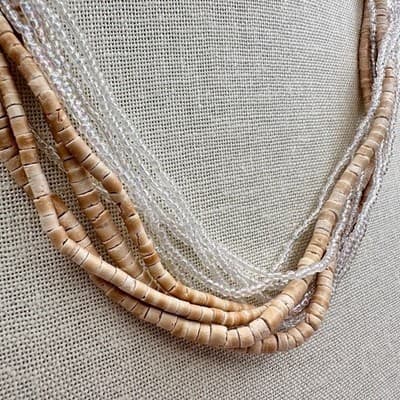Vintage 90s Multi-Strand Necklace Tan Wooden & Clear Glass Seed Beaded Jewelry - Thumbnail 4