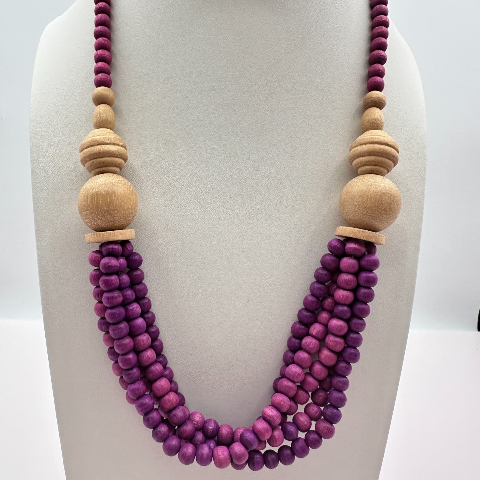 Vintage Y2K Natural Wooden Purple Beaded Triple-Strand Women's Necklace Jewelry - Thumbnail 7