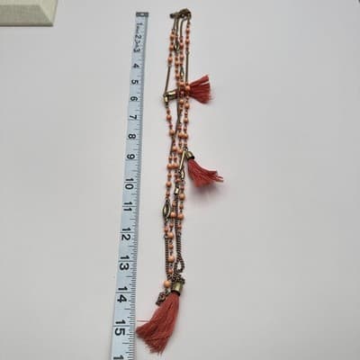 Vintage Y2K Multi Strand Necklace Peach Coral Pink Seed Beaded Tassels Jewelry - Thumbnail 12