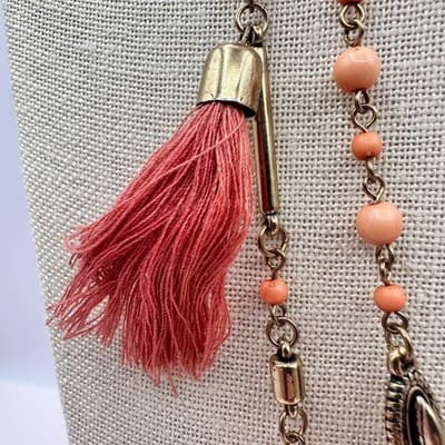 Vintage Y2K Multi Strand Necklace Peach Coral Pink Seed Beaded Tassels Jewelry - Thumbnail 3