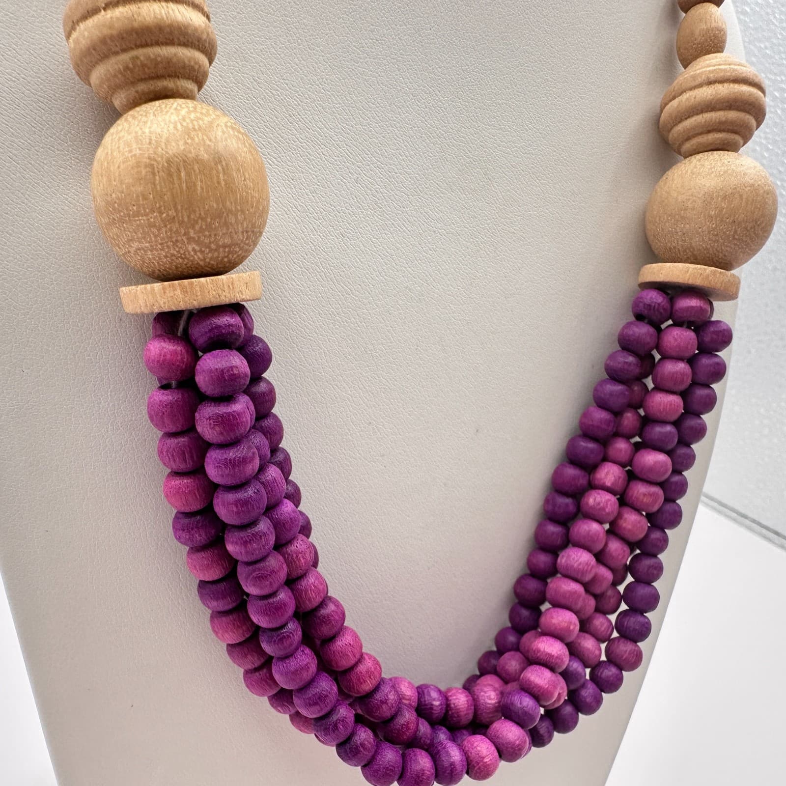Vintage Y2K Natural Wooden Purple Beaded Triple-Strand Women's Necklace Jewelry - Thumbnail 5