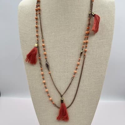 Vintage Y2K Multi Strand Necklace Peach Coral Pink Seed Beaded Tassels Jewelry - Thumbnail 10