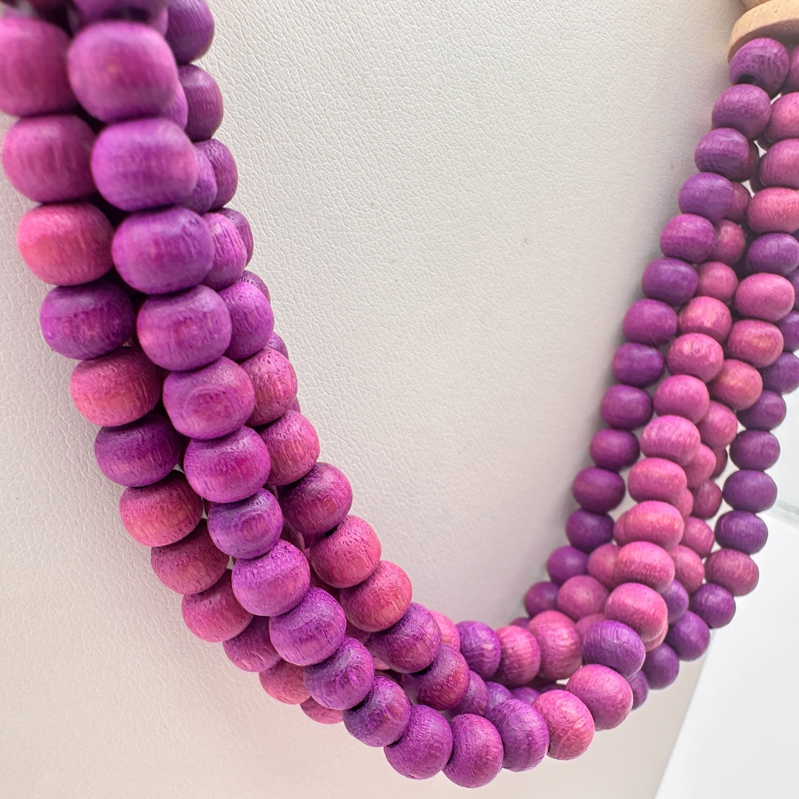 Vintage Y2K Natural Wooden Purple Beaded Triple-Strand Women's Necklace Jewelry - Thumbnail 6