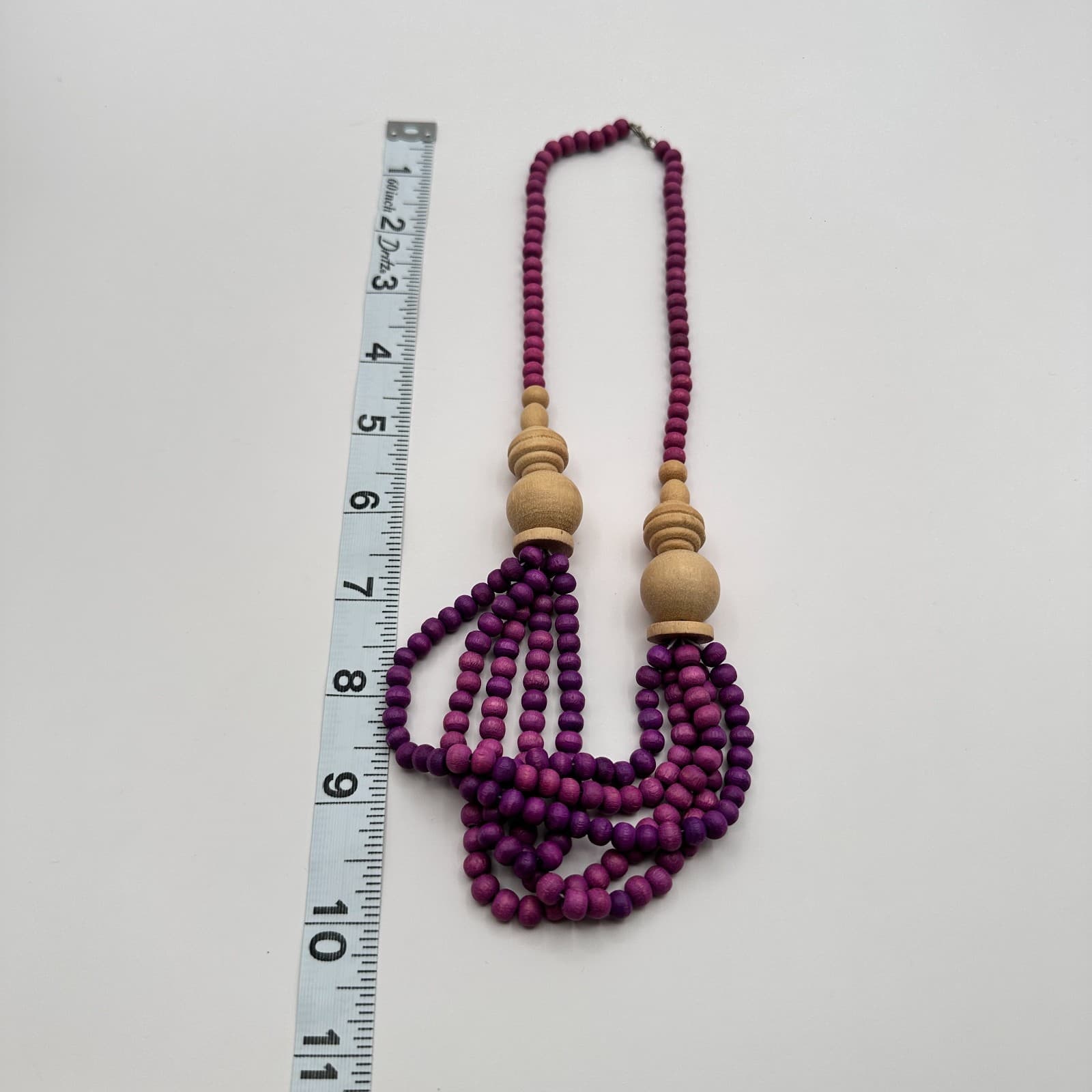 Vintage Y2K Natural Wooden Purple Beaded Triple-Strand Women's Necklace Jewelry - Thumbnail 9