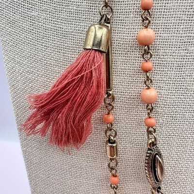 Vintage Y2K Multi Strand Necklace Peach Coral Pink Seed Beaded Tassels Jewelry - Thumbnail 4