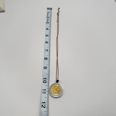 Vintage 90s Aztec Calendar Pendant Necklace Gold Tone Greek Key Border Jewelry - Thumbnail 6