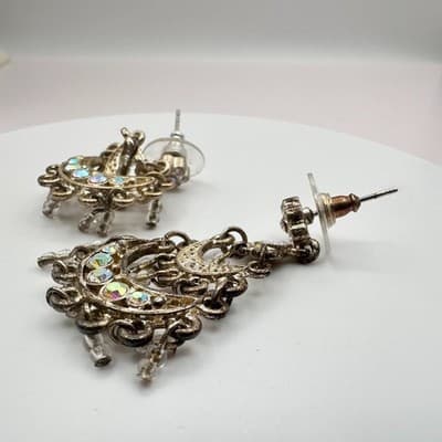 Vintage 90s Crystal Seed Beads Crescent Moon Earrings Gold Tone Jewelry - Thumbnail 5