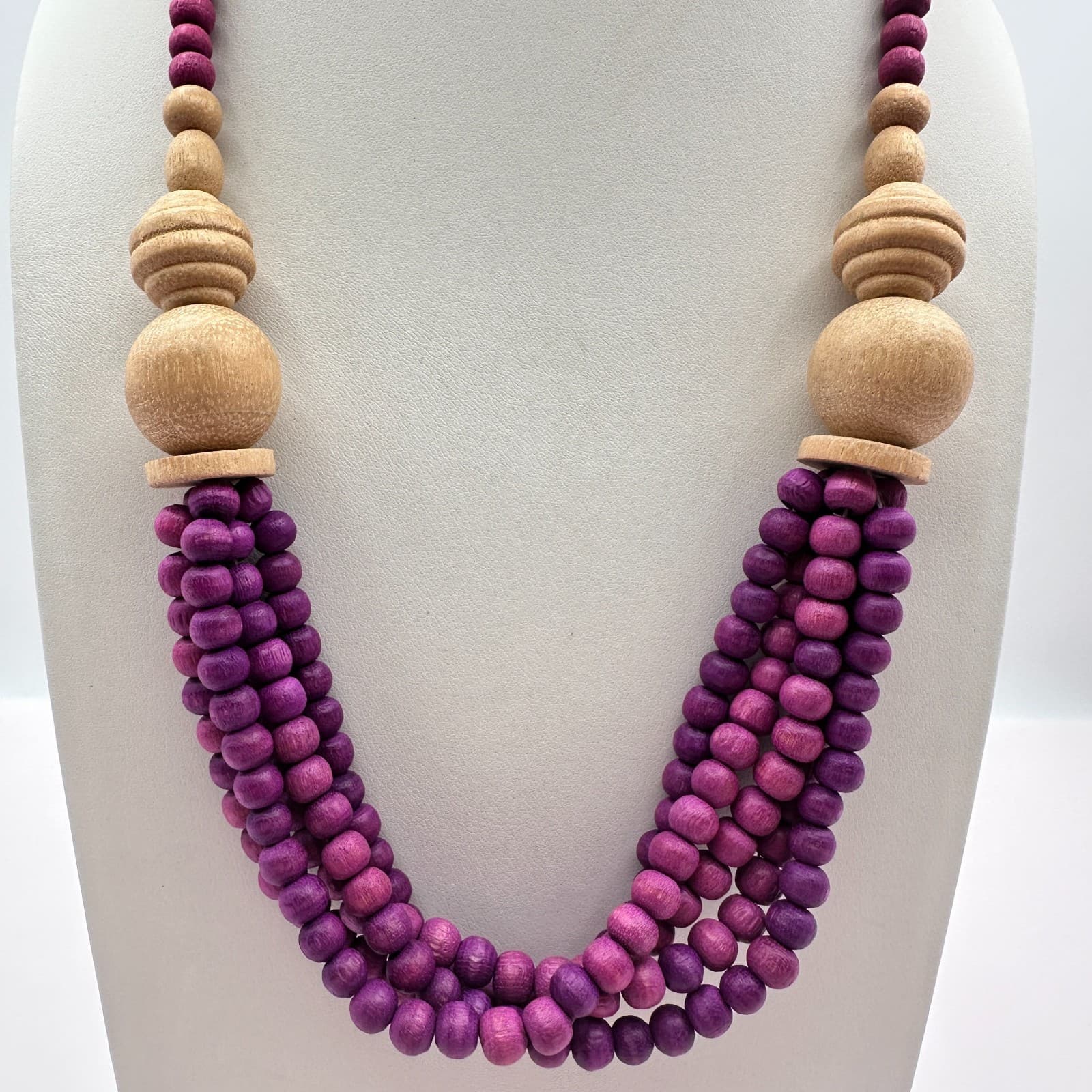 Vintage Y2K Natural Wooden Purple Beaded Triple-Strand Women's Necklace Jewelry - Thumbnail 2