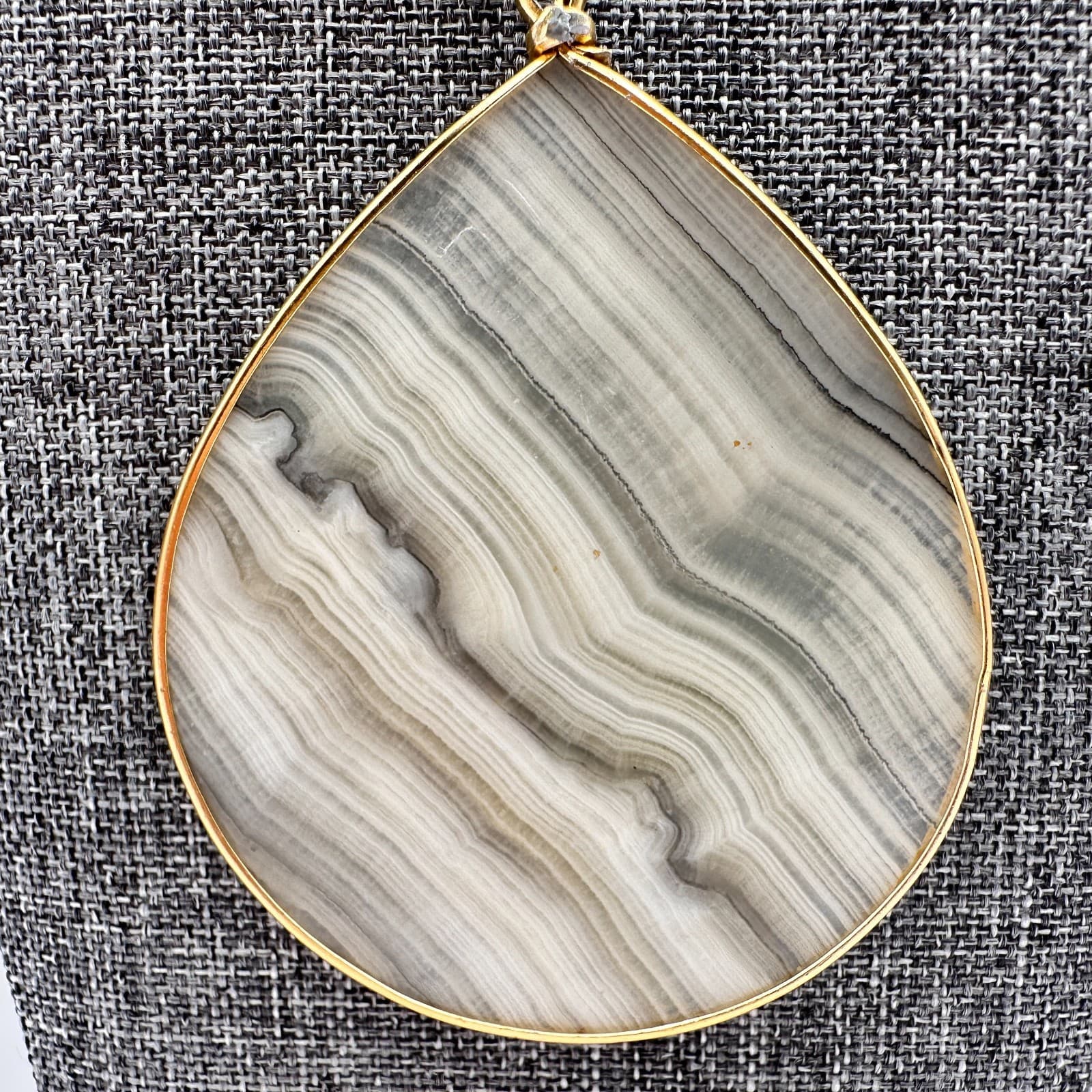 Vintage 90s Large Agate Teardrop Pendant Beaded Necklace Gold Tone Jewelry - Thumbnail 3