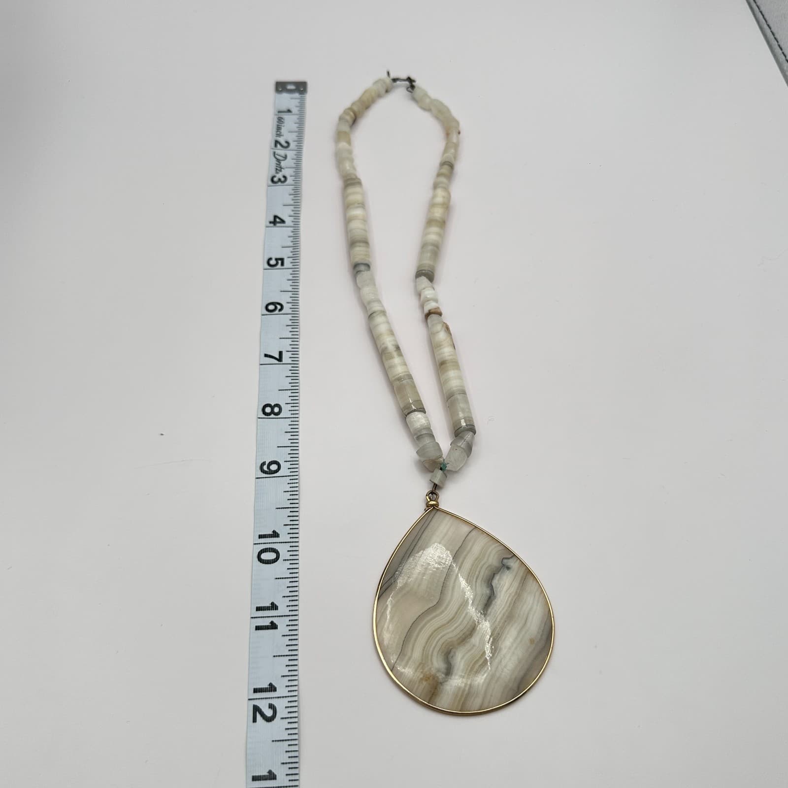 Vintage 90s Large Agate Teardrop Pendant Beaded Necklace Gold Tone Jewelry - Thumbnail 8