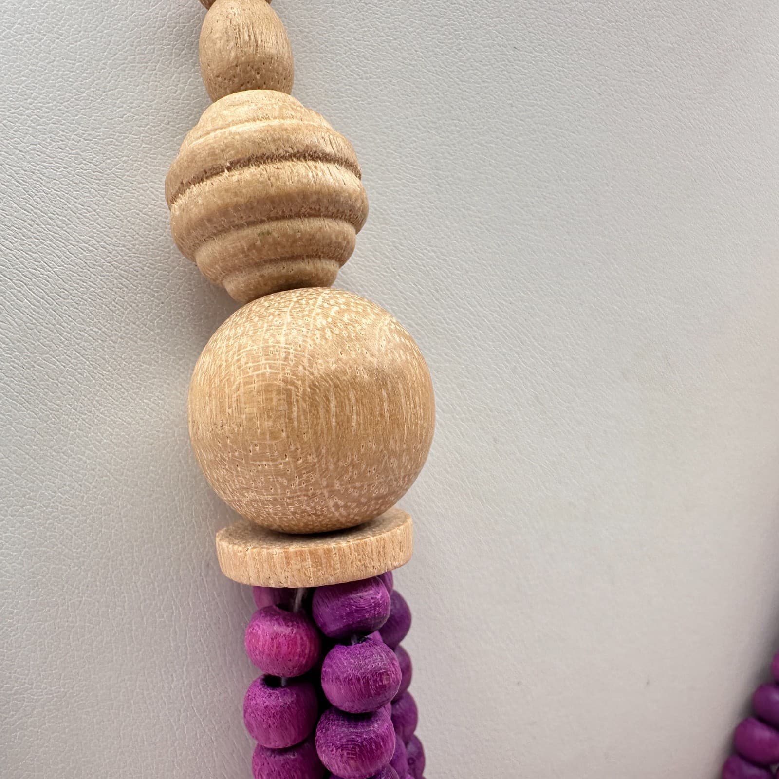Vintage Y2K Natural Wooden Purple Beaded Triple-Strand Women's Necklace Jewelry - Thumbnail 4