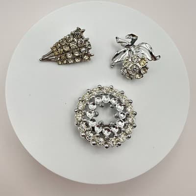 Vintage 80s 90s Clear Rhinestone Brooch Pin Lot 3pc Silver Tone Jewelry - Thumbnail 2