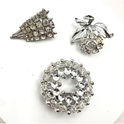 Vintage 80s 90s Clear Rhinestone Brooch Pin Lot 3pc Silver Tone Jewelry
