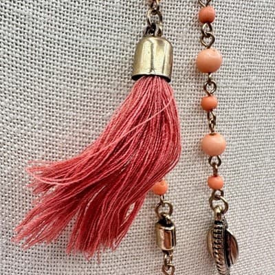 Vintage Y2K Multi Strand Necklace Peach Coral Pink Seed Beaded Tassels Jewelry - Thumbnail 5