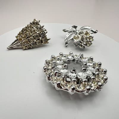 Vintage 80s 90s Clear Rhinestone Brooch Pin Lot 3pc Silver Tone Jewelry - Thumbnail 3