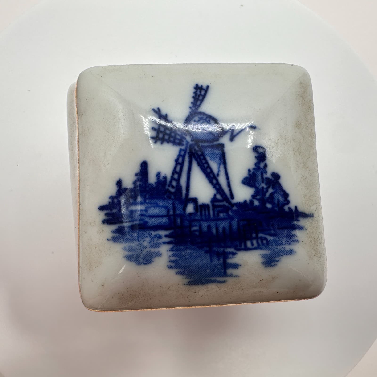 Vintage Blue White Porcelain Trinket Box w/ Matching Earrings Delft Windmill Set - Thumbnail 8