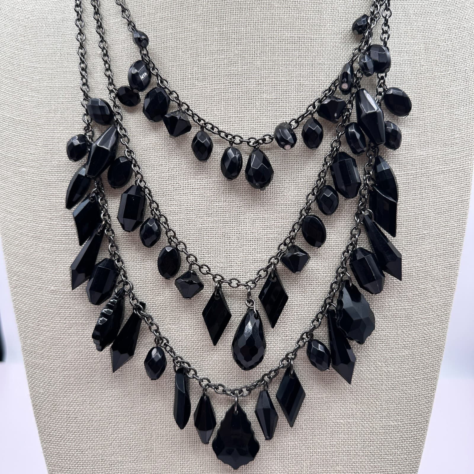 Vintage Y2K Black Multi Stand Geometric Beaded Necklace Silver Tone Boho Jewelry - Thumbnail 2