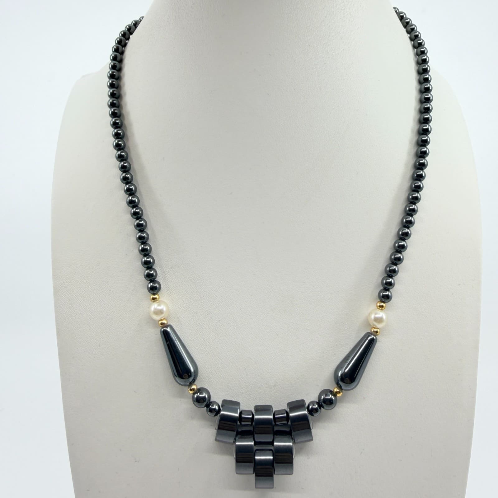 Vintage Gunmetal Tone Beaded Necklace Gray Stone Faux Pearl Statement Y2K 90s - Thumbnail 6