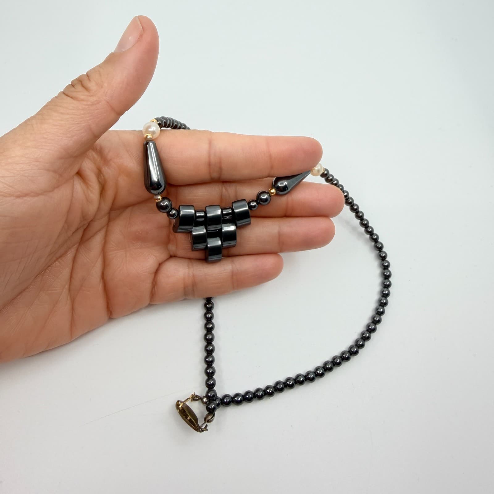 Vintage Gunmetal Tone Beaded Necklace Gray Stone Faux Pearl Statement Y2K 90s - Thumbnail 8