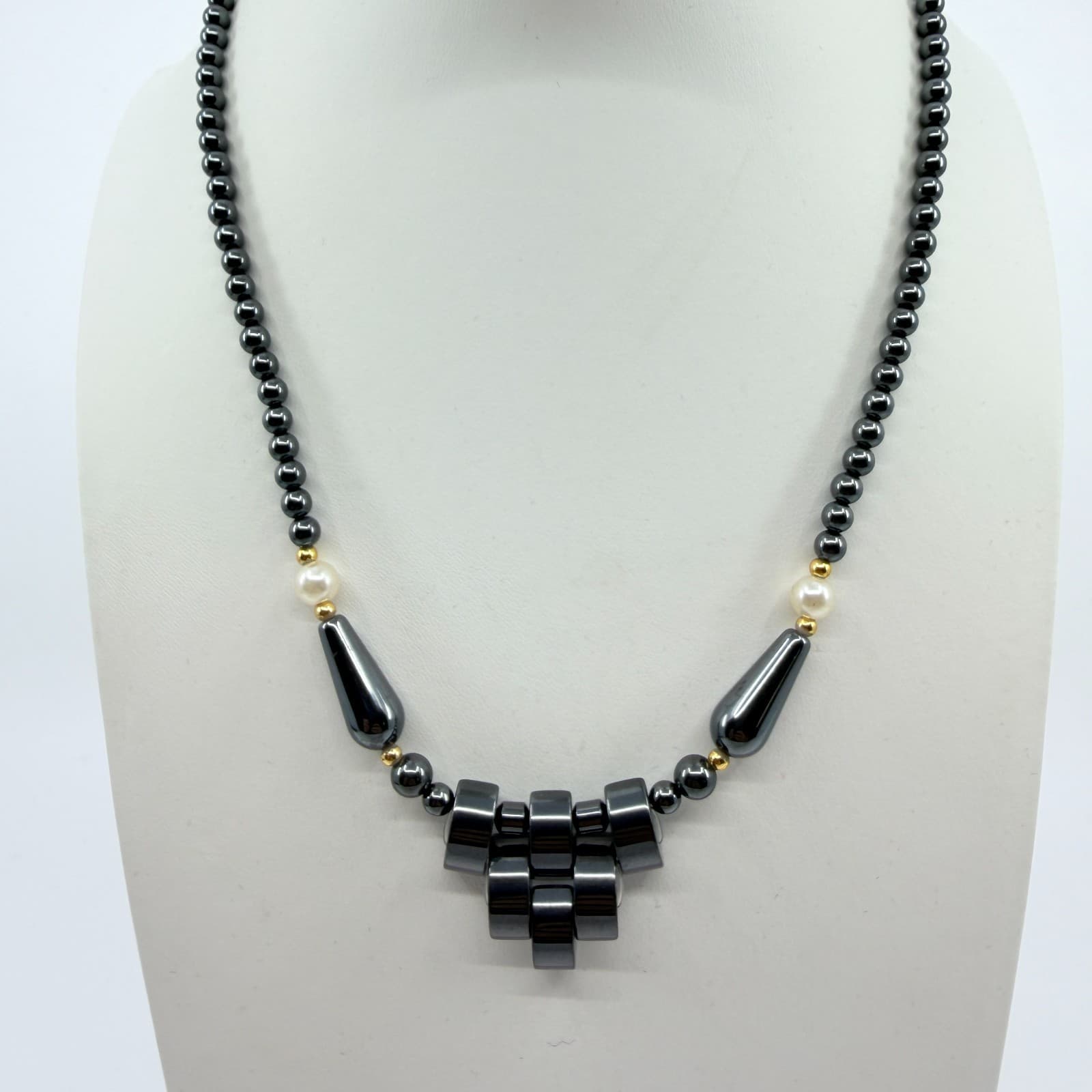 Vintage Gunmetal Tone Beaded Necklace Gray Stone Faux Pearl Statement Y2K 90s - Thumbnail 3