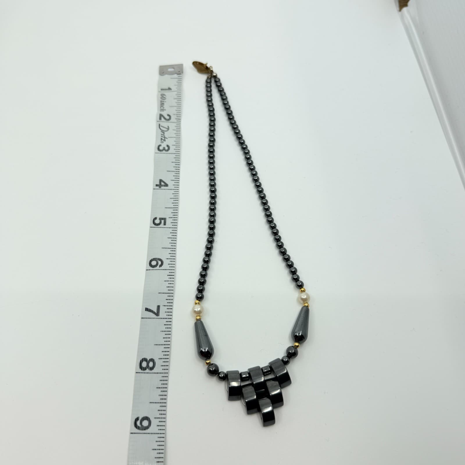 Vintage Gunmetal Tone Beaded Necklace Gray Stone Faux Pearl Statement Y2K 90s - Thumbnail 9