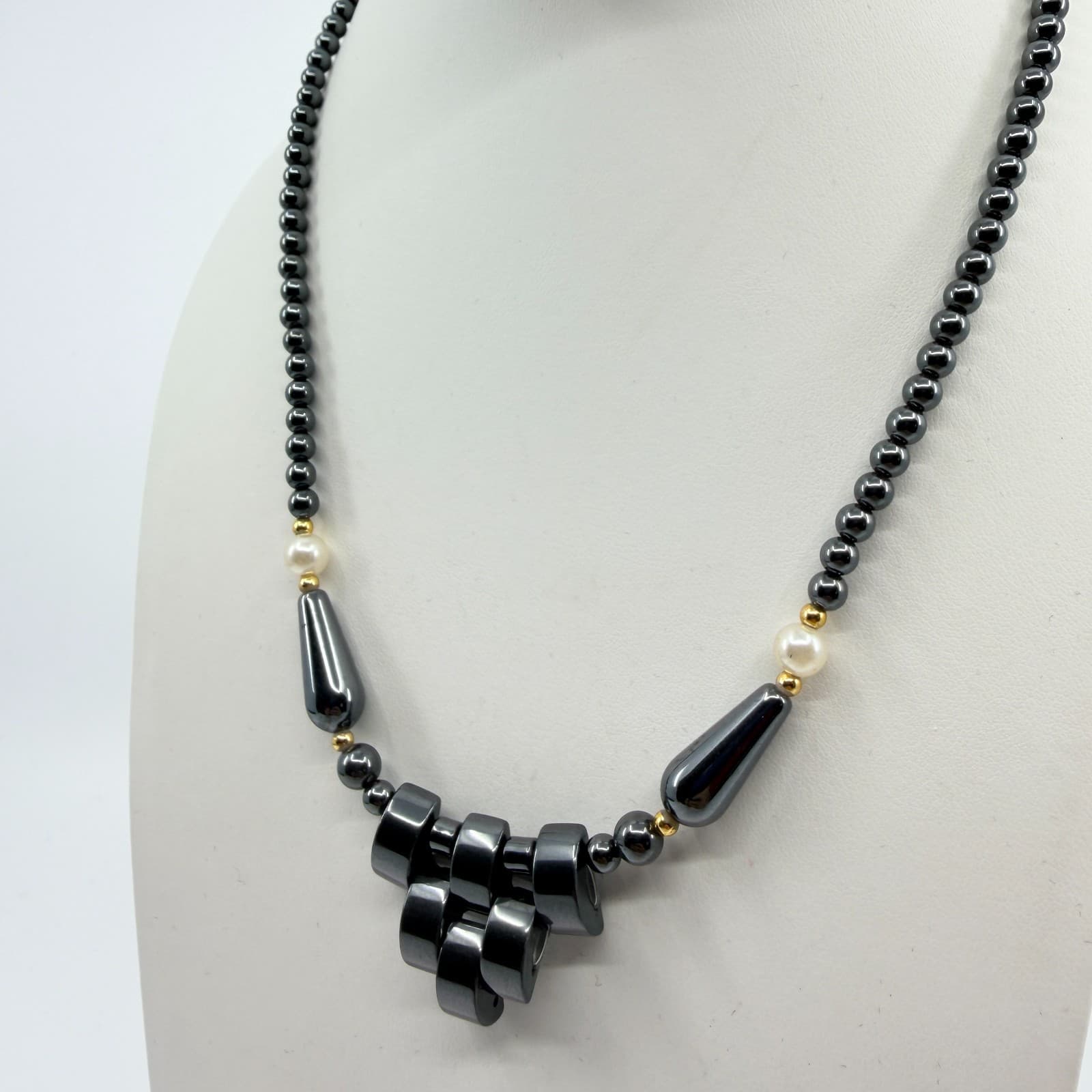 Vintage Gunmetal Tone Beaded Necklace Gray Stone Faux Pearl Statement Y2K 90s - Thumbnail 5