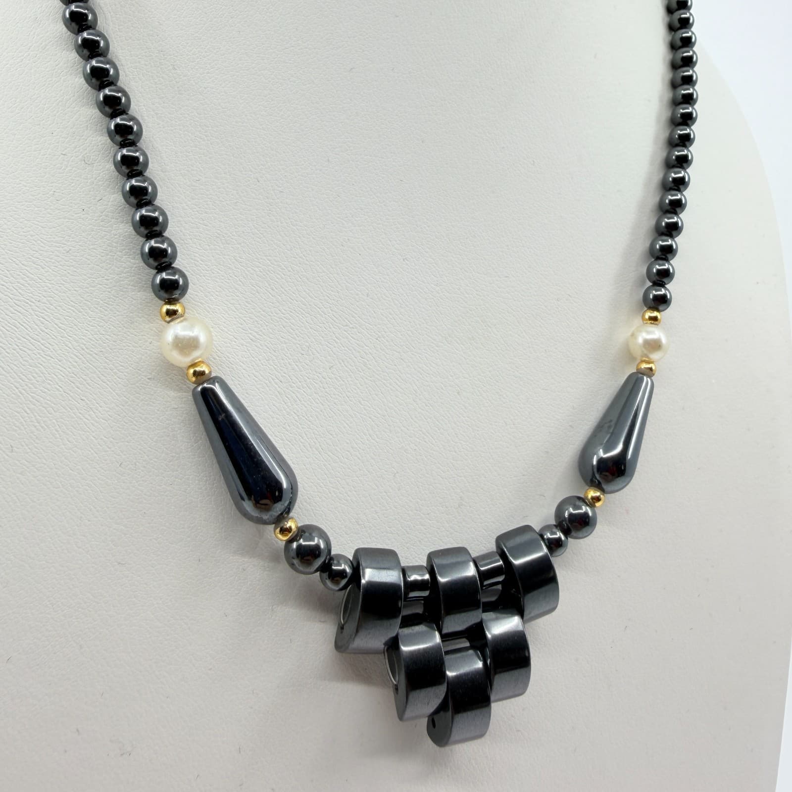 Vintage Gunmetal Tone Beaded Necklace Gray Stone Faux Pearl Statement Y2K 90s - Thumbnail 4